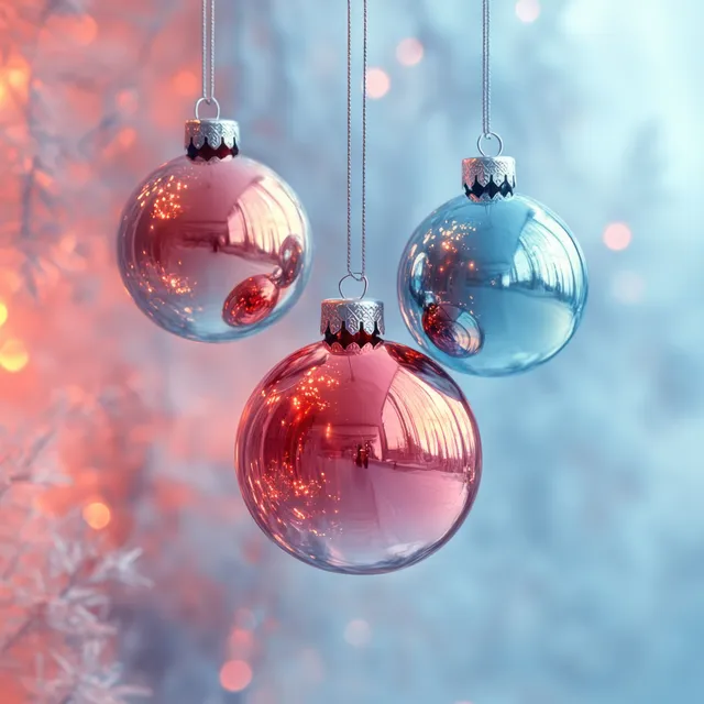 Hand-painted watercolor style pink and purple hanging glass baubles with soft bokeh backdrop