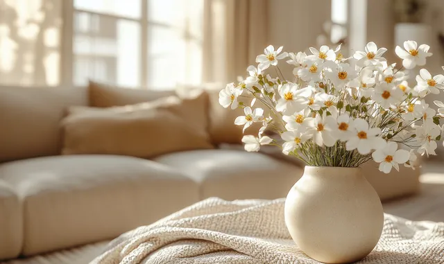 White daisy flowers in a ceramic vase on a sofa blanket with a beige sofa behind in warm sunlight.