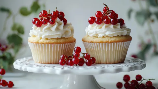Two vanilla cupcakes on a white stand topped with whipped cream swirls and fresh red currants.