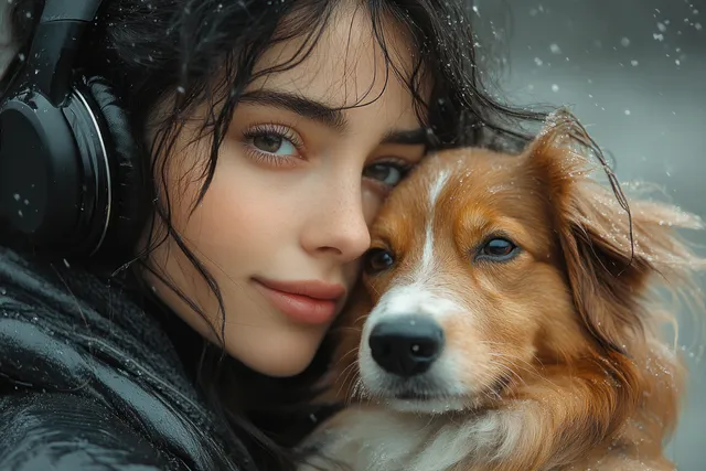 A smiling woman in over-ear headphones hugs a poodle puppy in a softly lit studio with a gray background.