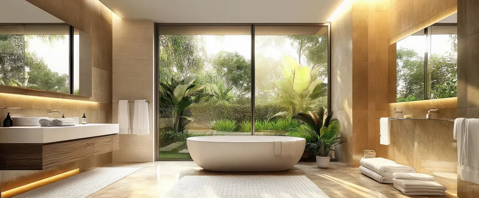 Freestanding bathtub centered in a modern bathroom with warm lighting and large glass windows overlooking a lush green garden.