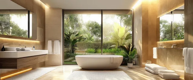 Freestanding bathtub centered in a modern bathroom with warm lighting and large glass windows overlooking a lush green garden.