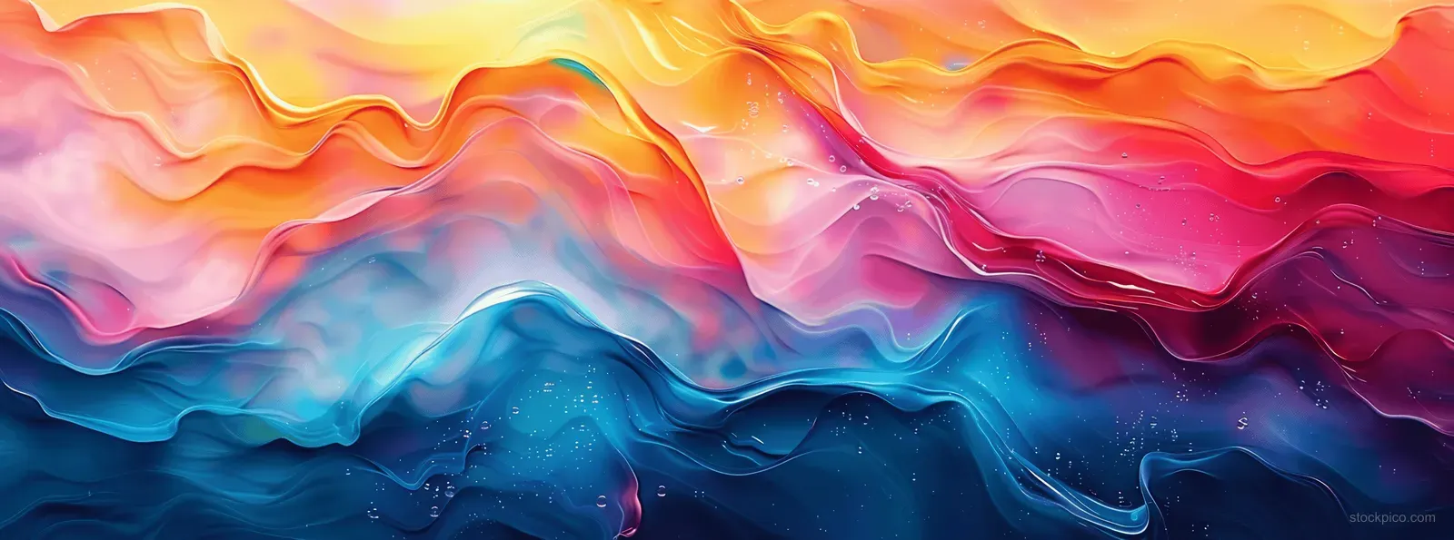 Layered marbled waves of pink, orange, and blue paint create a glossy swirling texture background.