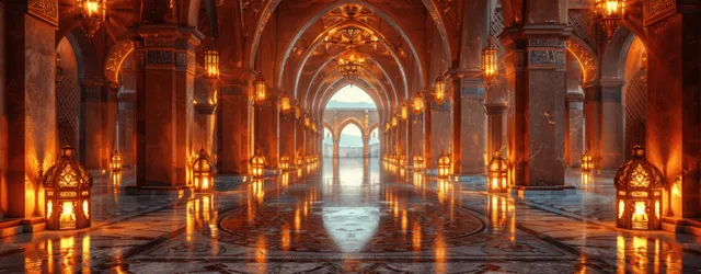 Illuminated Arabian palace corridor with lantern arches and a reflective pool at night.