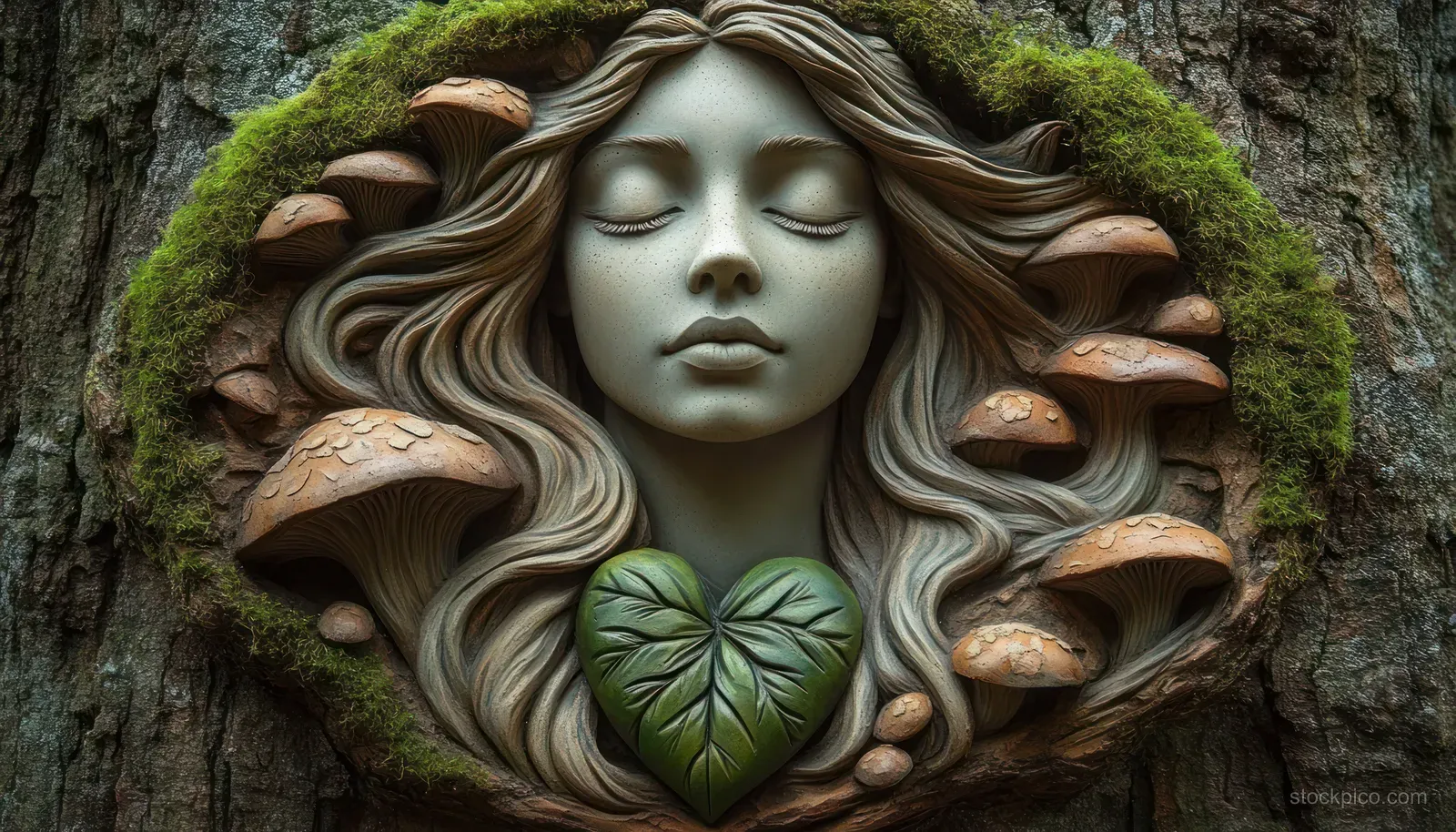 Sculpted serene female face carved into mossy tree bark with mushrooms and flowing hair and a heart-leaf detail.