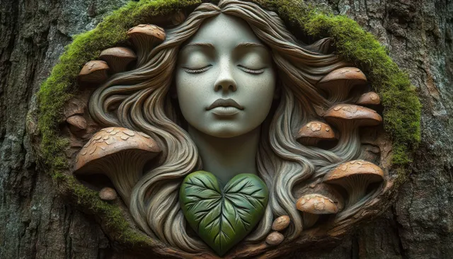 Sculpted serene female face carved into mossy tree bark with mushrooms and flowing hair and a heart-leaf detail.