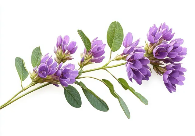 Purple flower branch with elongated green leaves on white background