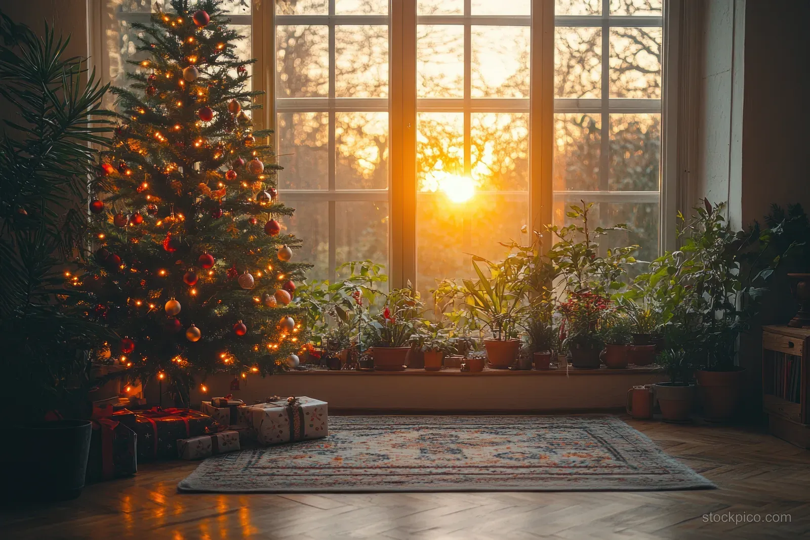 A lit Christmas tree stands beside wrapped gifts in a minimalist living room with golden sunset light through tall windows.