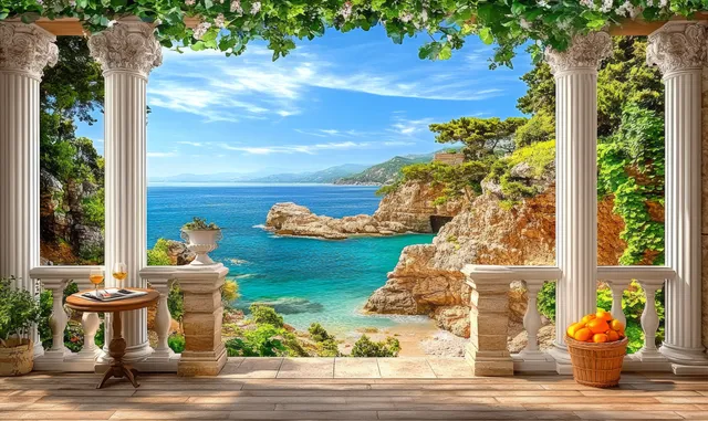 Mediterranean balcony overlooking turquoise sea, columns framing rocky coastline and pine-covered cliffs