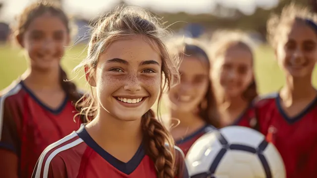 Smiling teenage girls soccer players in blue-and-red kits practice together on a sunny field, showcasing teamwork and fitness.