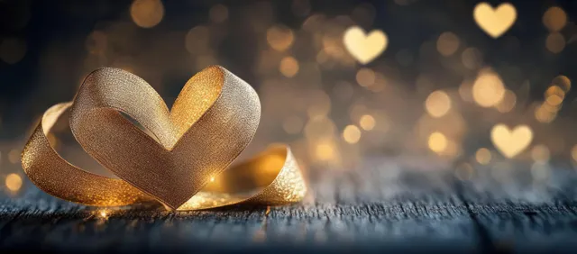 Golden ribbon shaped into a heart rests on wood while warm heart-shaped bokeh lights glow softly behind it.