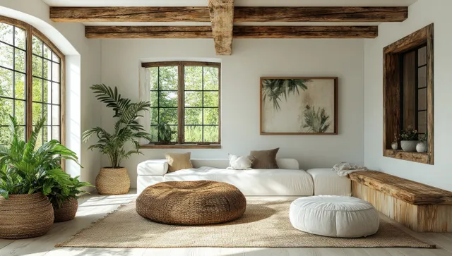 Minimalist Scandinavian living room with white sofa, wooden beams, potted plants, and arched windows showing a garden view.