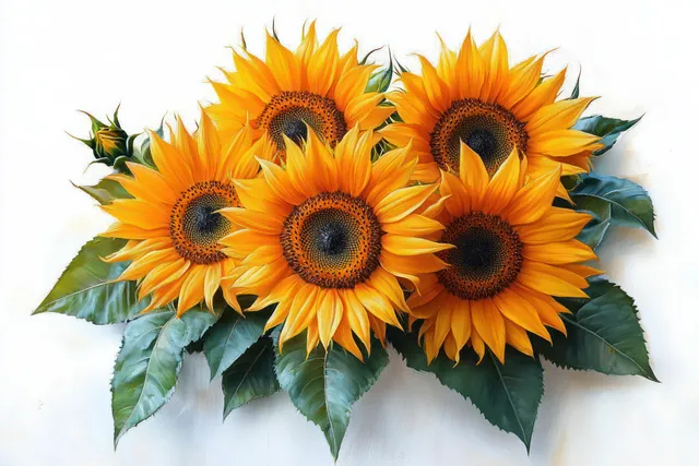 A bouquet of five sunflowers with yellow petals and green leaves arranged on a white background.