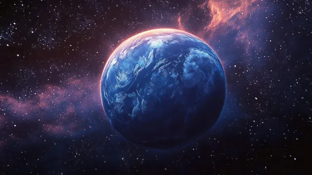 Neptune-like blue planet floats in cyberpunk space with neon glow and starry nebula backdrop