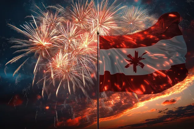 Canadian flag waving with maple leaf amid fireworks over dramatic sunset clouds