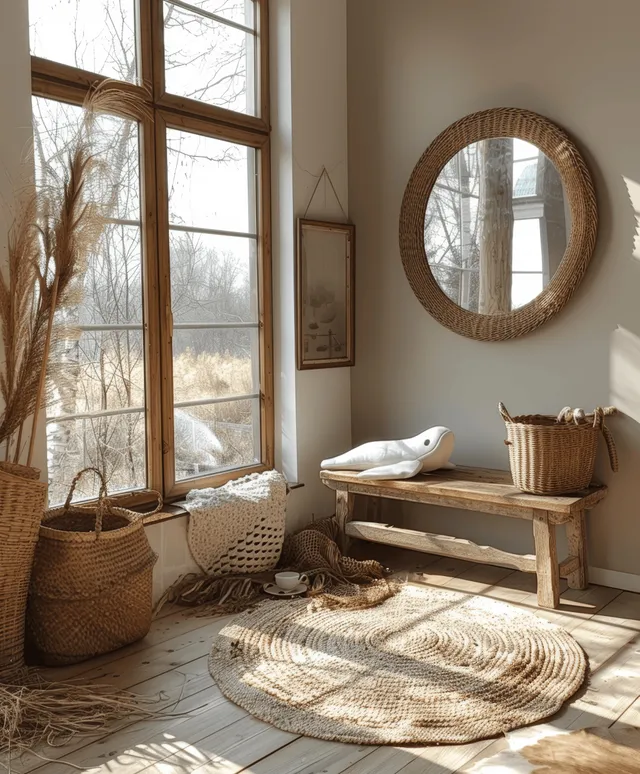 Bohemian bedroom corner with wooden frame mockup, toys basket, and bright window light