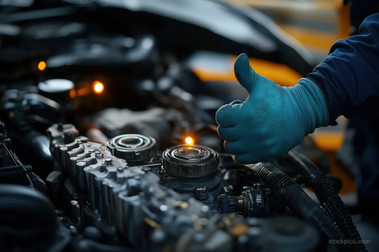 A gloved mechanic’s hand gives a thumbs up over a car engine bay with glowing indicator lights.