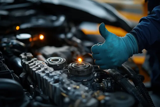 Gloved mechanic gives thumbs up beside illuminated engine bay indicator lights