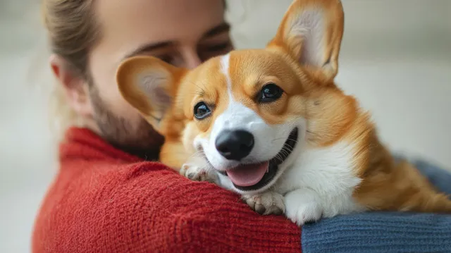 A veterinarian cuddles a corgi in a cozy clinic setting with warm lighting and a calm background.