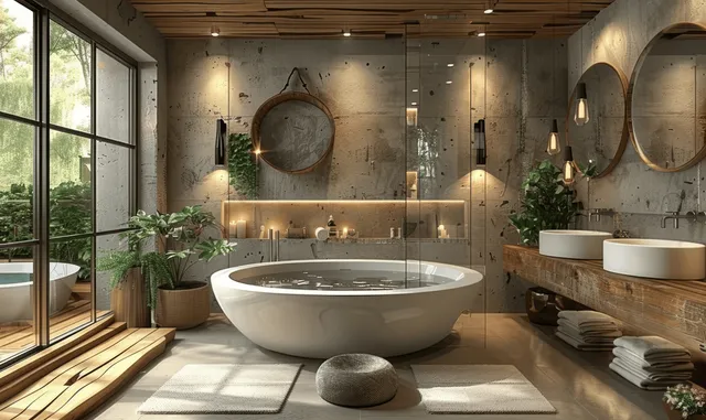 Loft bathroom interior with a large round tub, wooden shelves, and a glass door opening to a winter garden.