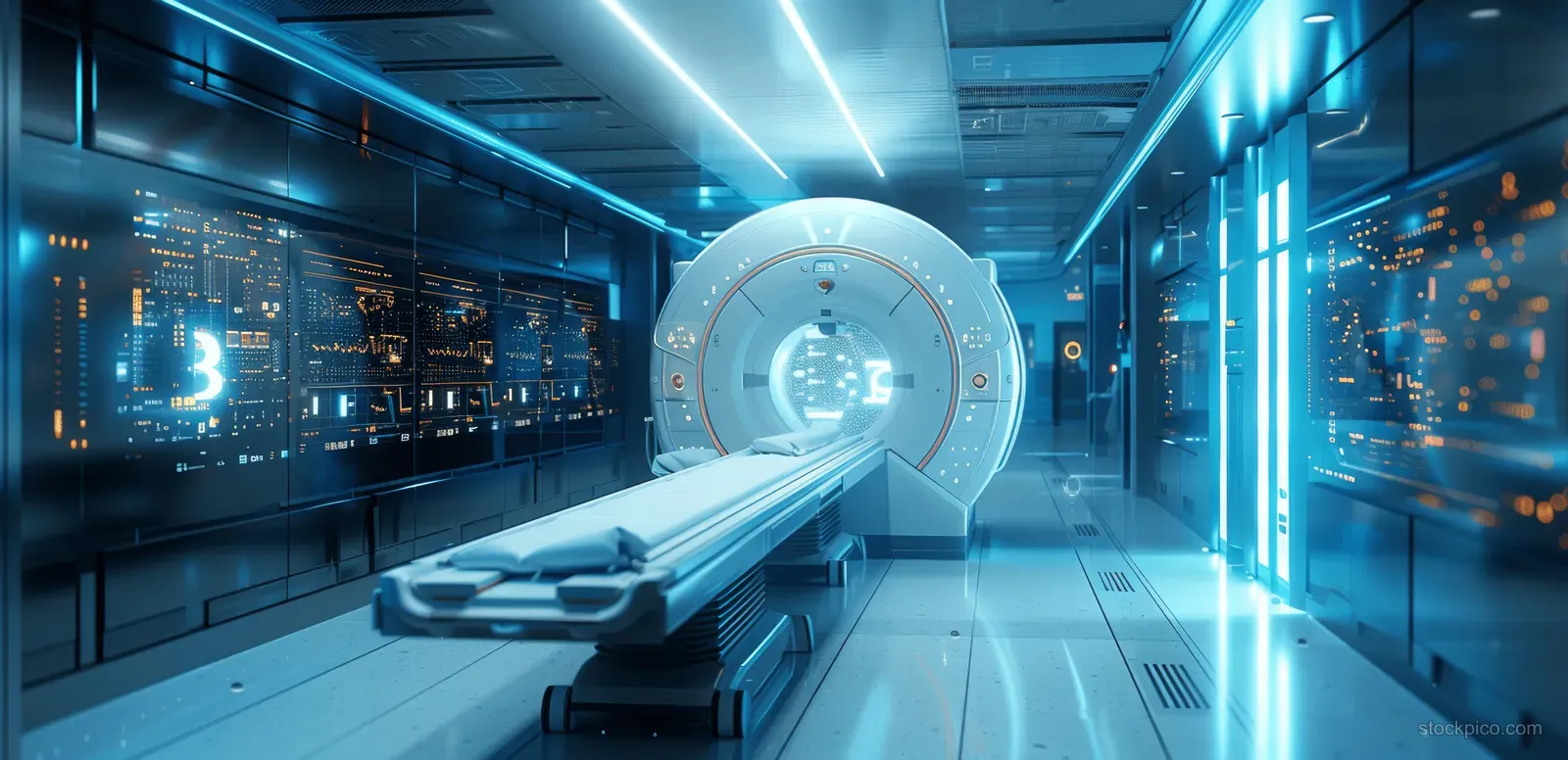 MRI scanner in a hospital imaging room with glowing digital interface panels and technical light beams.