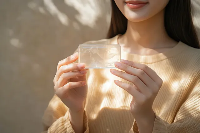 Smiling Asian woman holding a transparent clear aligner tray for orthodontic dental care in warm light.