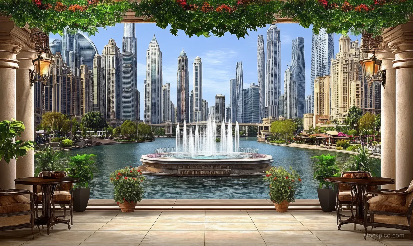 Outdoor cafe terrace with potted plants and tables facing a round fountain and distant skyscraper skyline.