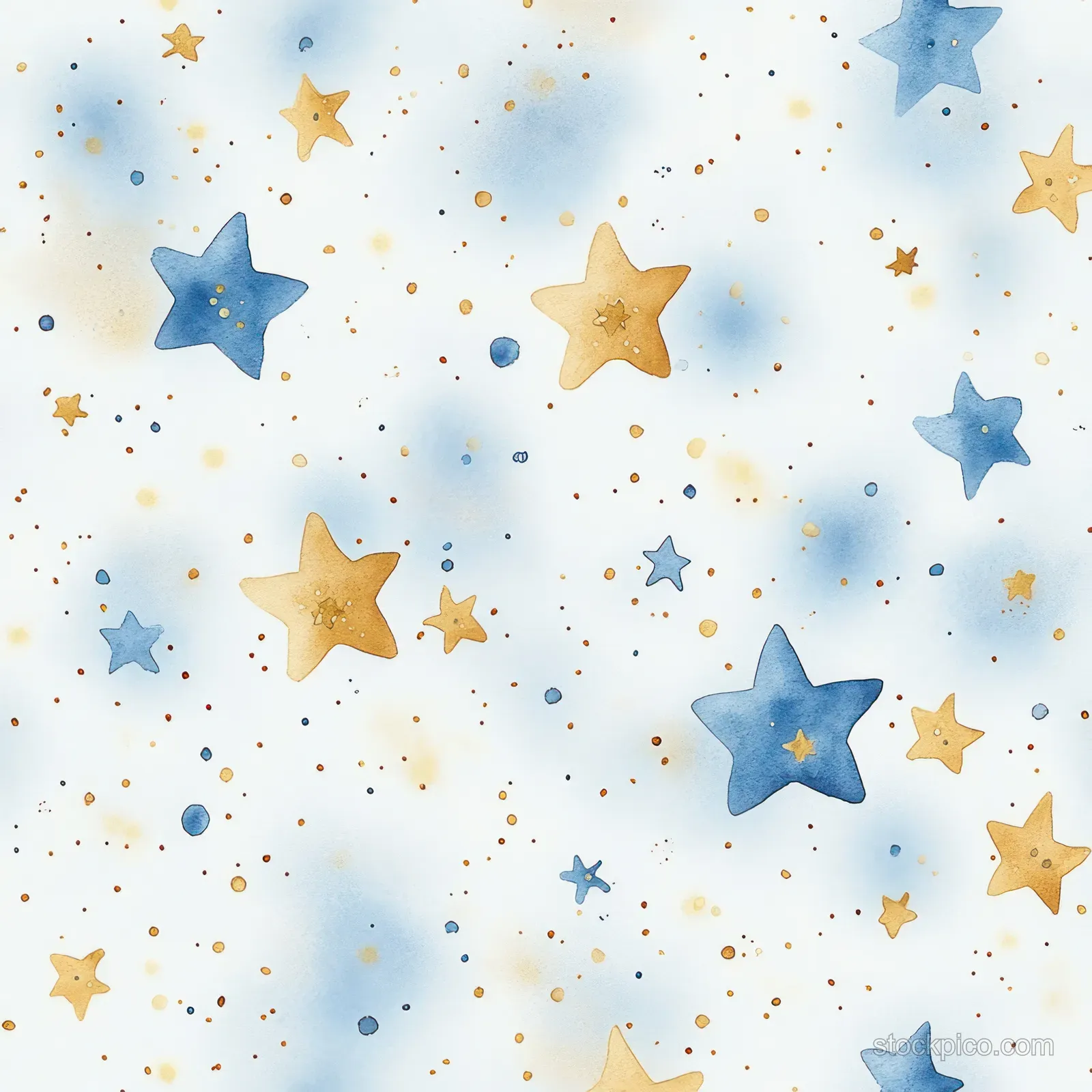 Seamless watercolor pattern of blue and gold stars scattered over a soft light-blue background with golden speckles.