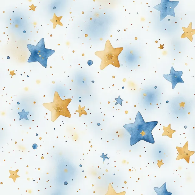 Seamless watercolor pattern of blue and gold stars scattered over a soft light-blue background with golden speckles.