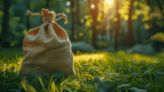 Twine drawstring pouch resting on sunny garden grass with soft bokeh lights