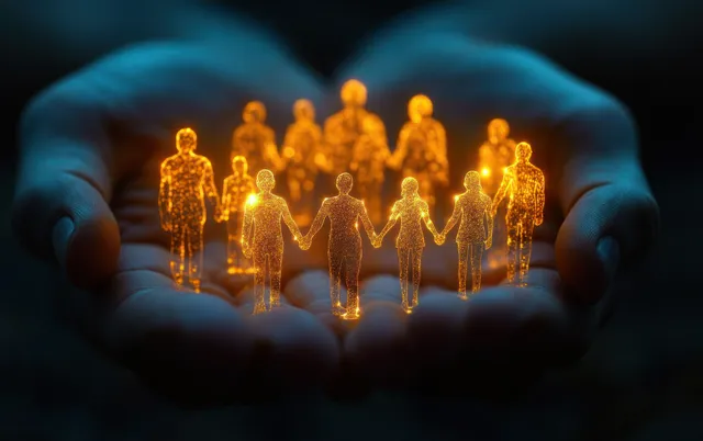 Glowing holographic figures holding hands forming a circle above cupped hands