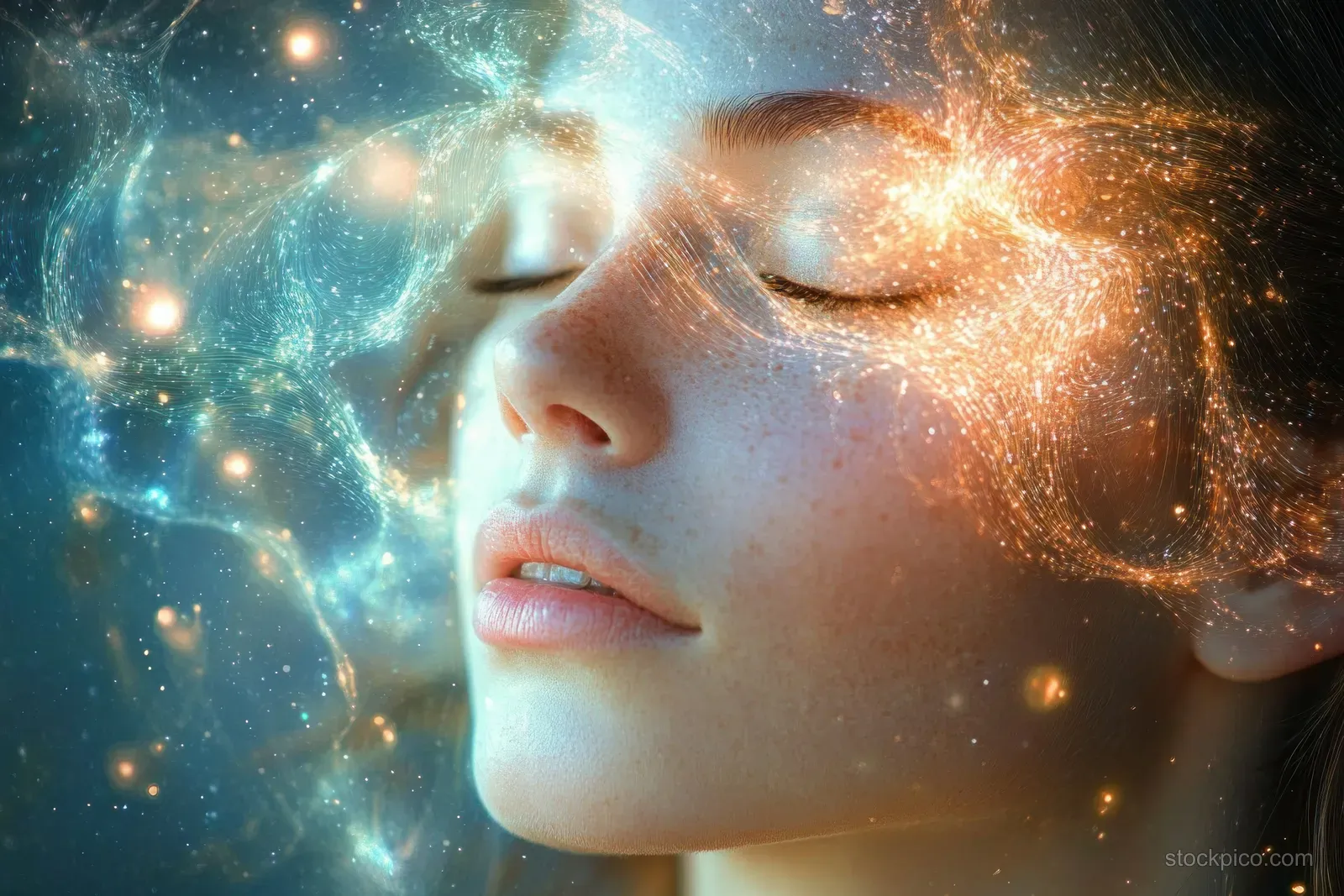 Close-up of a woman with closed eyes surrounded by glowing golden and blue cosmic particles.