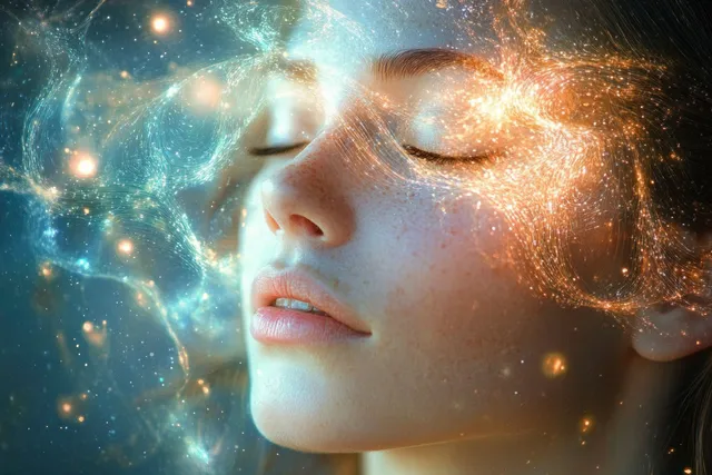 Serene woman closes eyes as golden and blue cosmic particles glow around her face