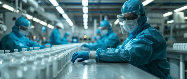 Protective-suited biotech technician places transparent vials onto an automated conveyor line in a sterile facility.