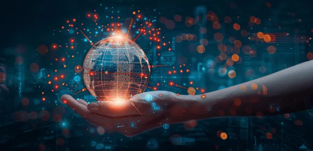 Hands cradling a glowing digital globe with network data in an AI cloud business scene
