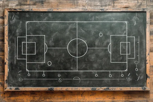 A chalkboard shows a soccer field diagram with white chalk lines, goals, and player positions inside a wooden frame.