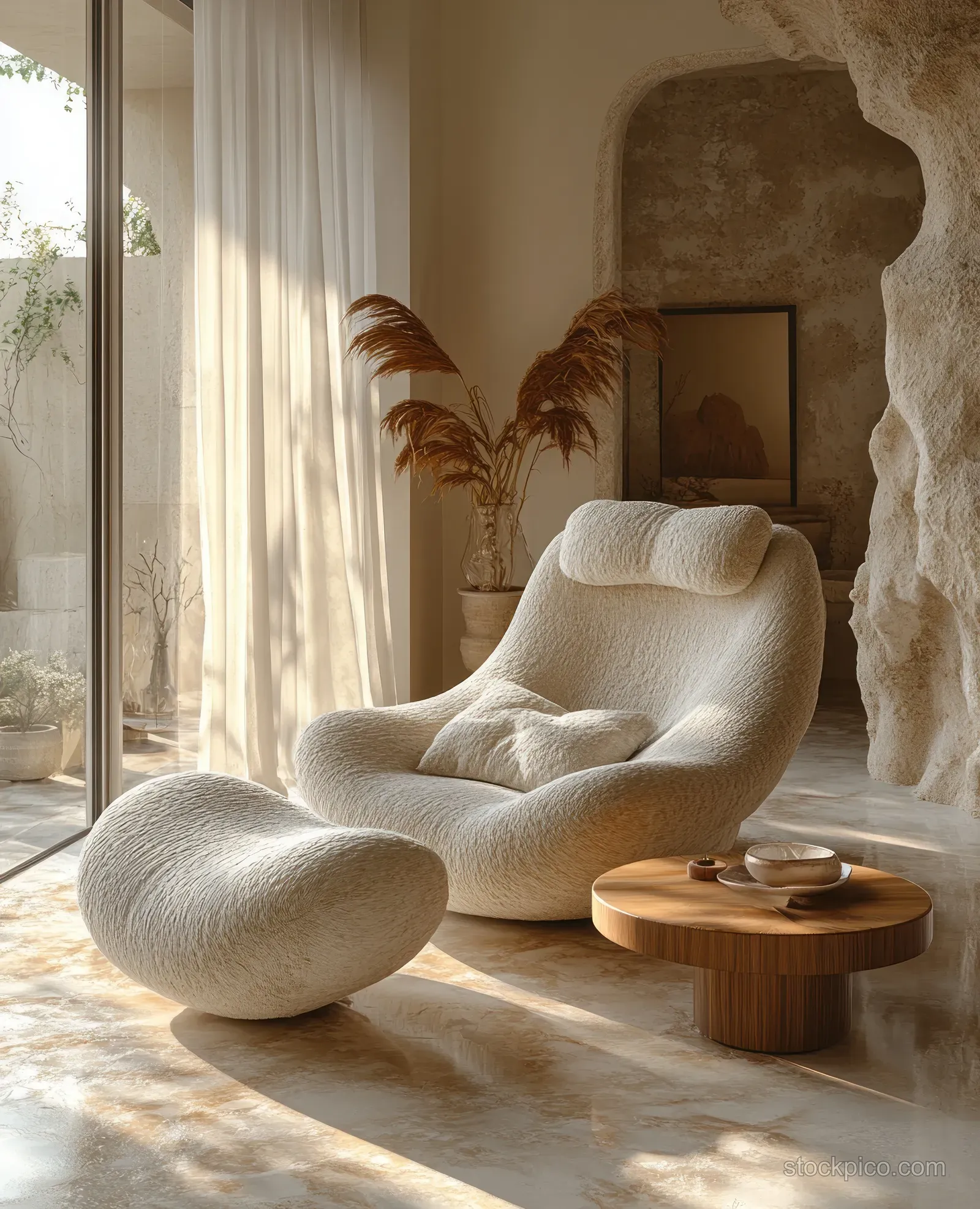 Minimalist armchair and ottoman in a neutral Scandinavian living room illuminated by soft window light.