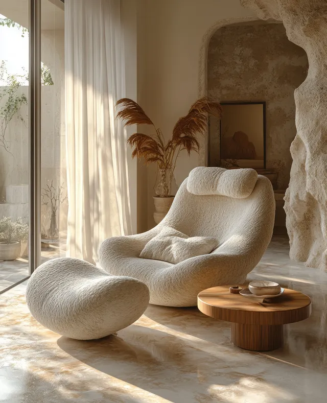 Minimalist armchair and ottoman in a neutral Scandinavian living room illuminated by soft window light.