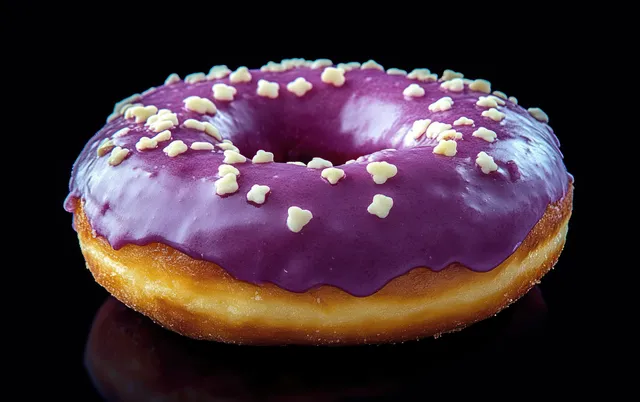 A purple glazed donut with white sprinkles sits on a black reflective surface, showing a clear reflection.