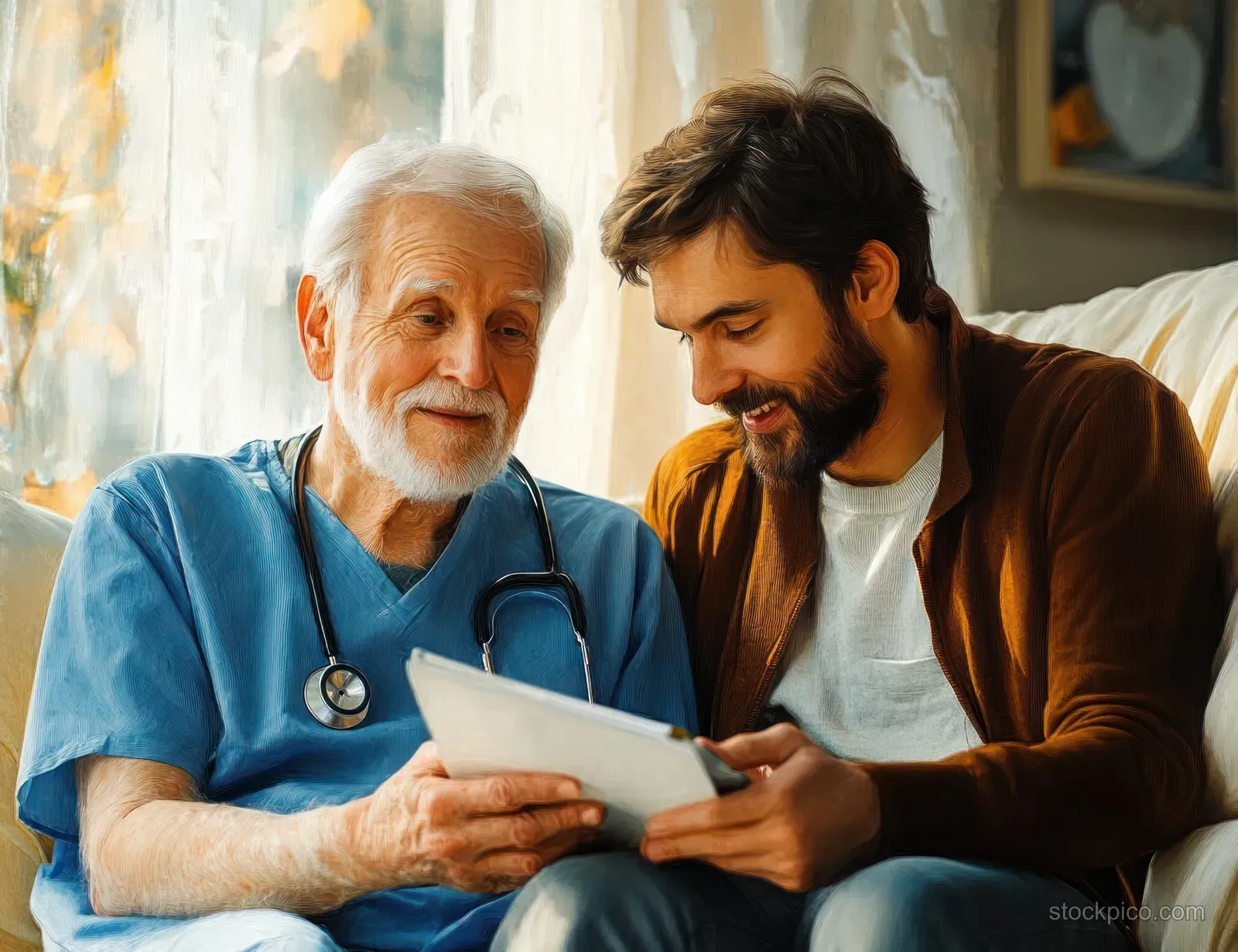 A caregiver nurse and an elderly man sit on a couch, sharing a tablet while smiling indoors.
