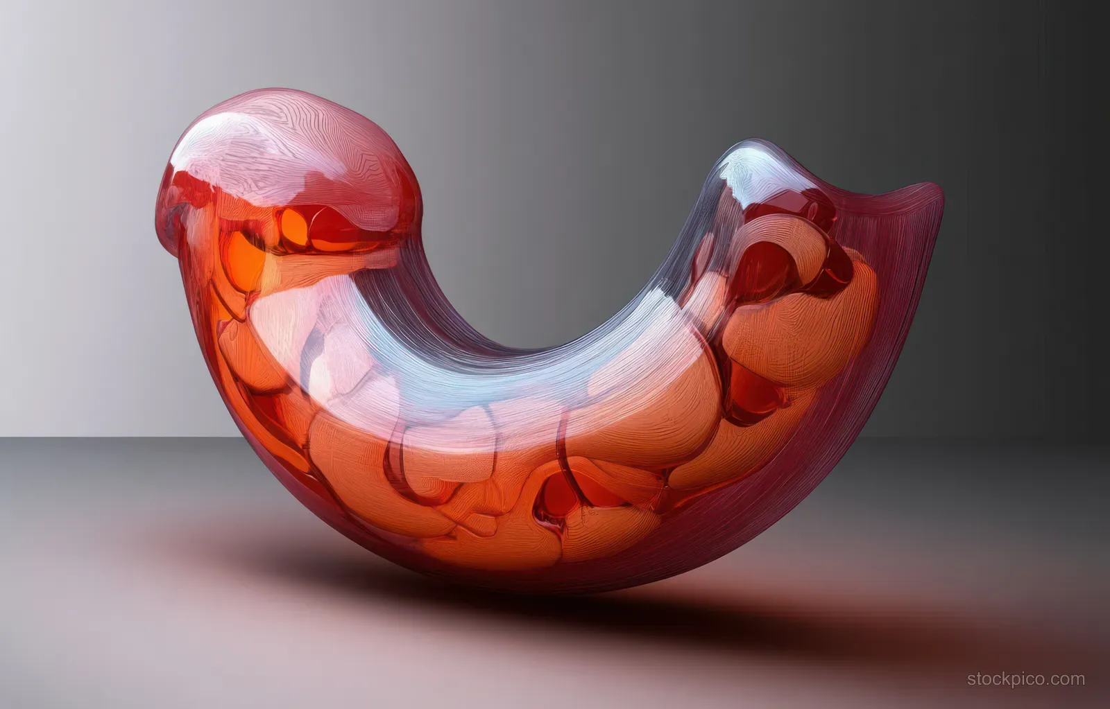 A surreal glowing stomach-like organ with visible internal folds in vivid amber and red tones.