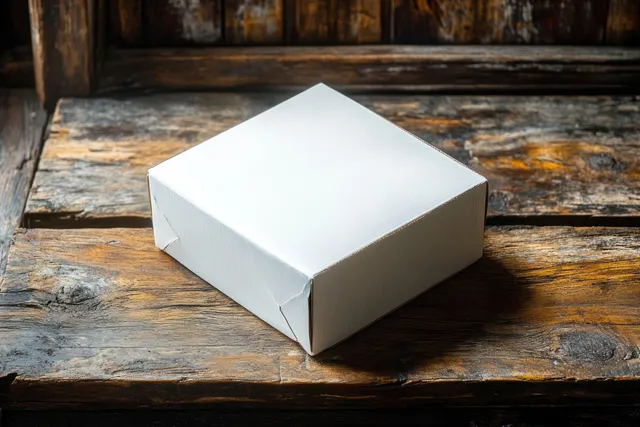 A closed white cardboard box rests on a rustic wooden table with warm sunlight and soft shadows.