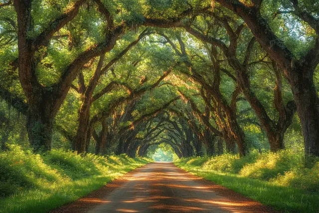 Sunlit dirt road disappears into a leafy oak tree tunnel with dappled light and shadow patterns.