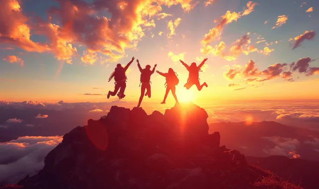 Friends celebrating on a mountain peak at sunset with jumping silhouettes and glowing sky