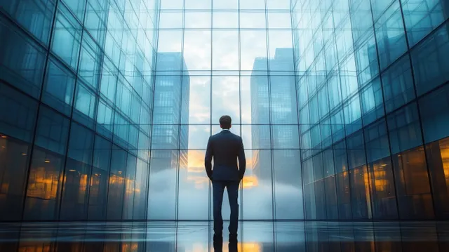 Back-view businessman in a suit stands in a glass atrium as sunlight beams through mist.