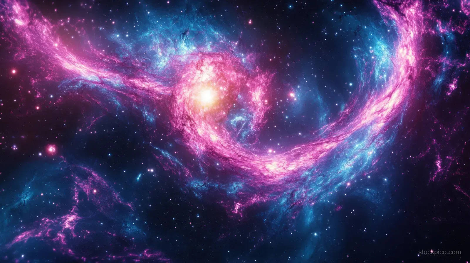 Swirling blue and purple cosmic nebula clouds with bright stars glowing in deep space.