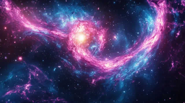 Swirling blue and purple cosmic nebula clouds with bright stars glowing in deep space.