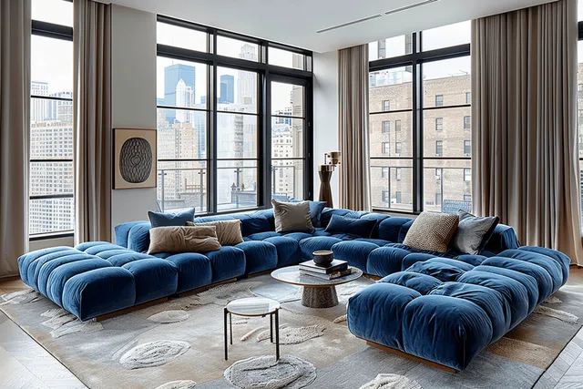 Sunlit New York living room with blue velvet sectional, large windows, and beige curtains