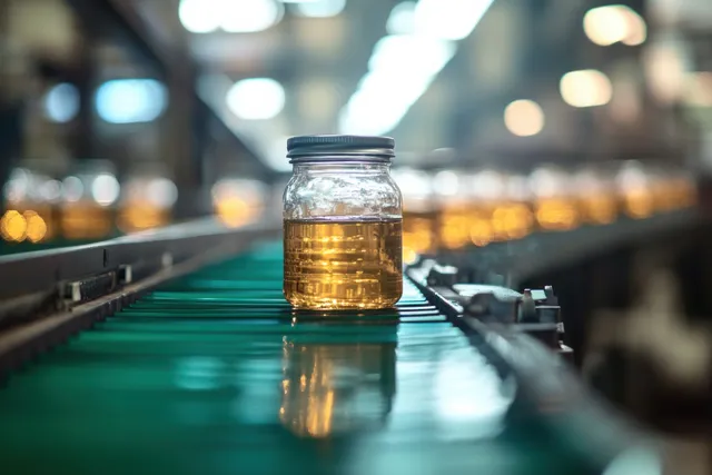 A glass jar filled with amber liquid rides on a factory conveyor belt with blurred industrial lights behind it.