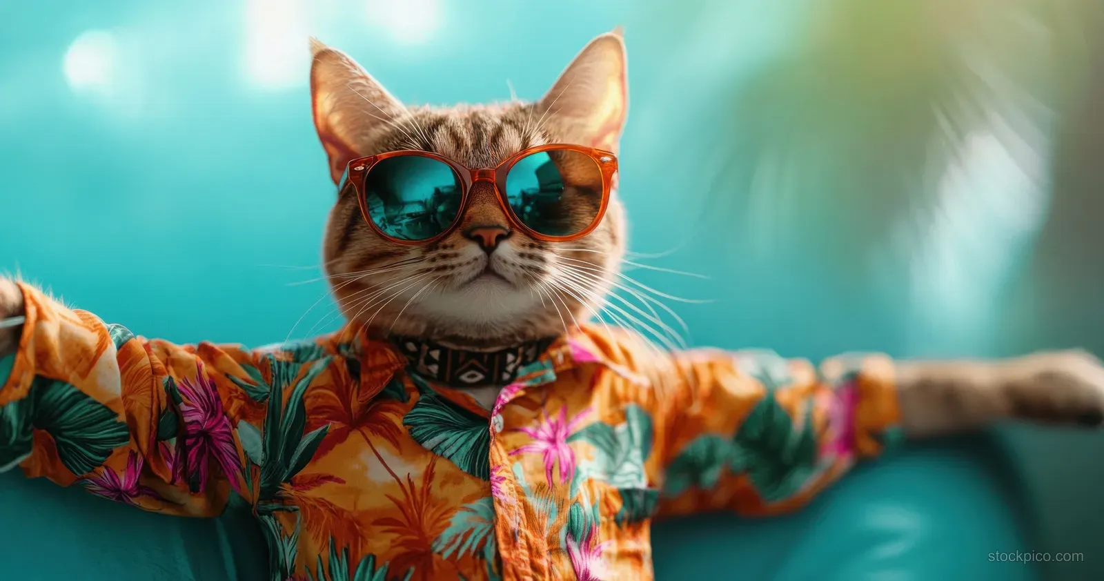A cat in teal sunglasses and a colorful Hawaiian shirt extends a paw for a high five against a turquoise background.
